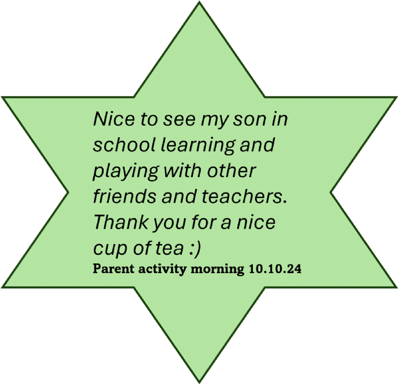 Nice to see my son in school learning and playing with other friends and teachers. Thank you for a nice cup of tea (smiley face)