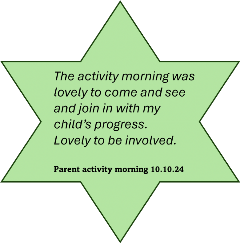 The activity morning was lovely to come and see and join in with my child's progress. Lovely  to be involved