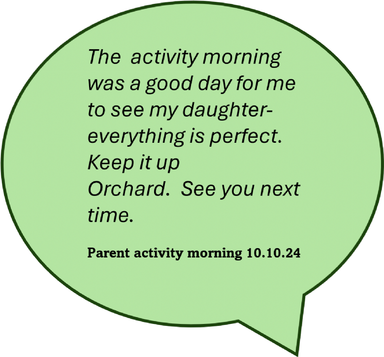 The activity morning was a good day for me to see my daughter - everything is perfect. Keep it up Orchard. See you next time.